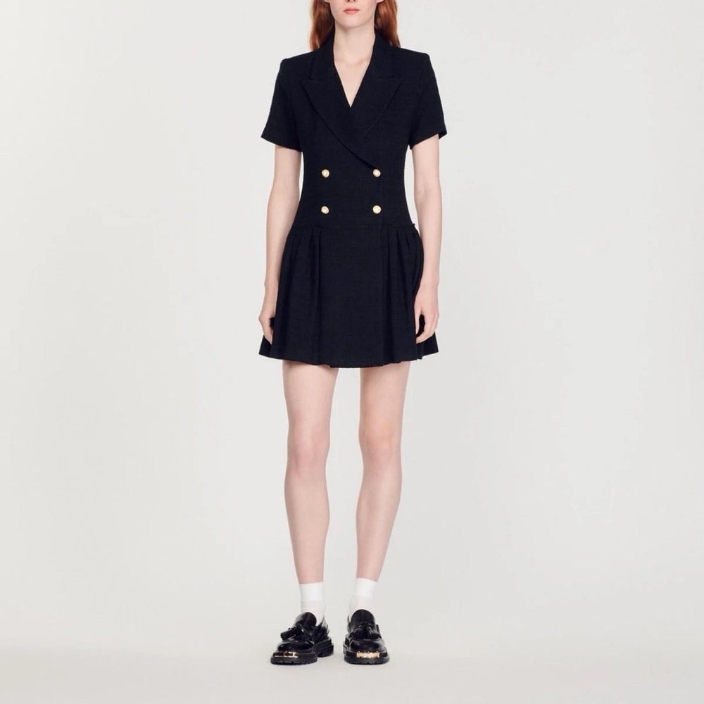 Rossa Sandro Black Double-Breasted Tweed Mini Dress with Gold Buttons